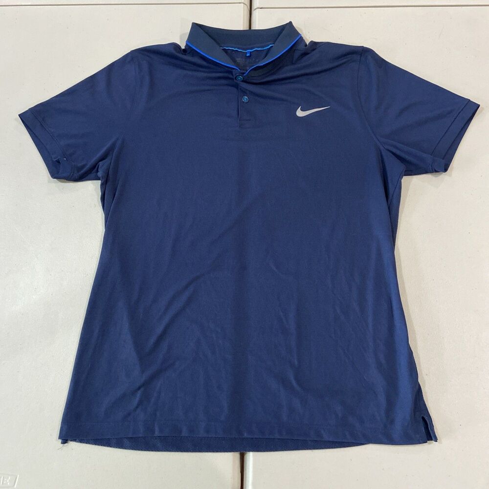 Nike Polo Shirt Mens Large Modern Fit Dri Fit Blade Collar Snap Blue Performance